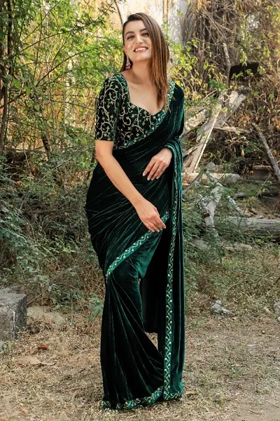 Velvet Embroidery Lace Border Sarees With Embroidery work Blouse Piece