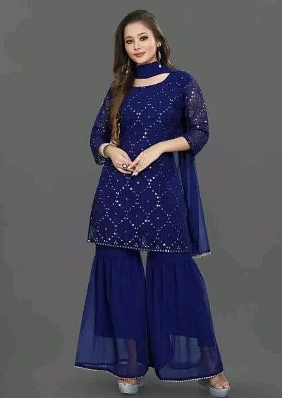 Women's Georgette Sequence Work Kurta Solid Sharara with Dupatta Set