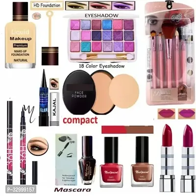 daily use face makeup combo | eyeshadow makeup brush lipstick eyeliner mascara compact nail paint