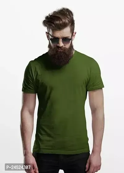 Stylish Green Cotton Solid Round Neck Tees For Men-thumb0