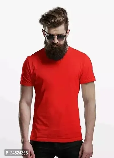 Stylish Red Cotton Solid Round Neck Tees For Men-thumb0