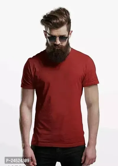 Stylish Marron Cotton Solid Round Neck Tees For Men-thumb0