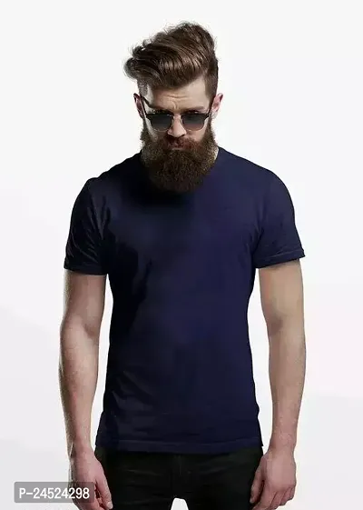 Stylish Blue Cotton Solid Round Neck Tees For Men-thumb0