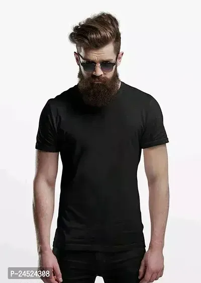 Stylish Black Cotton Solid Round Neck Tees For Men-thumb0