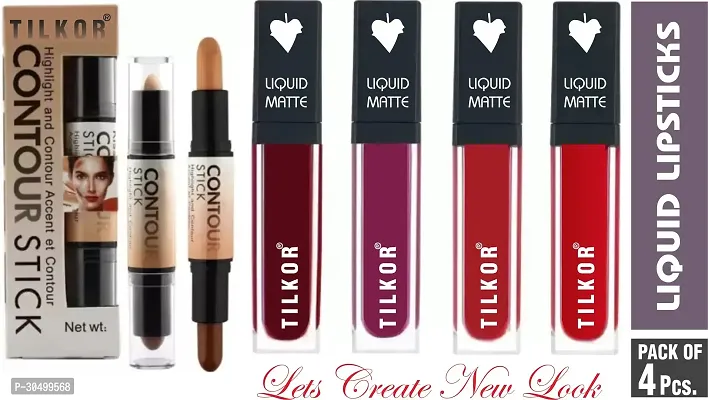 Long Lasting Waterproof Matte Lipsticks With Contour Stick Pack Of 5-thumb0