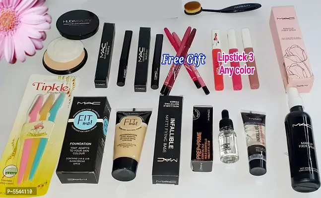Pack of  16   (Lipstick -3 Any color  ,compact, Foundation,blender brush ,   Mascara, Fixer ,Eyeliner , Prep +Prime , Primer- , Razor -Pack of 3 ,Lipliner -( 4 FreegIft)