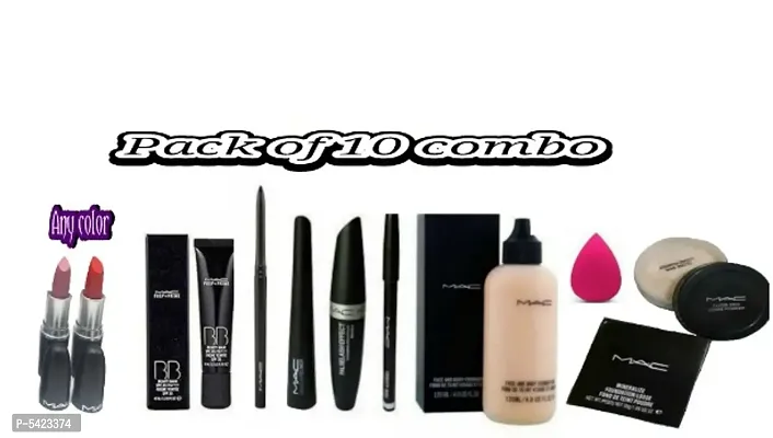 Primer + Prep ,Foundation ,Kajal ,Eyeliner ,Eyebrow ,Mascara, Loose Powder, Blender ,2 Lipsticks- Combo Pack of 10