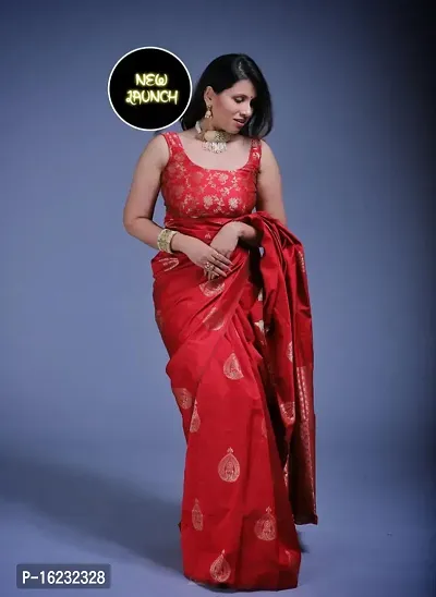 Stylish Silk Blend Red Printed Saree with Blouse piece-thumb0