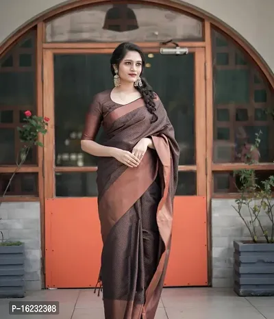 Stylish Silk Blend Brown Printed Saree with Blouse piece-thumb0