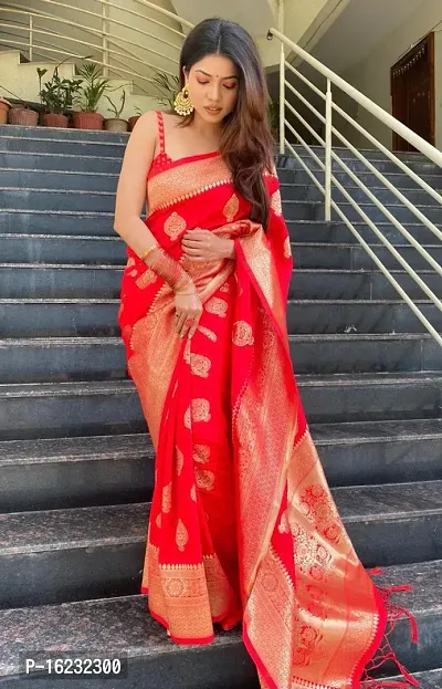 Stylish Silk Blend Red Printed Saree with Blouse piece-thumb0