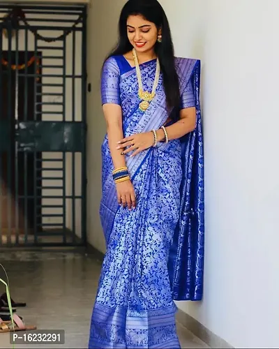 Stylish Silk Blend Blue Printed Saree with Blouse piece-thumb0