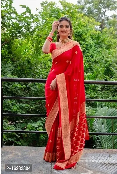 Stylish Silk Blend Red Printed Saree with Blouse piece-thumb0