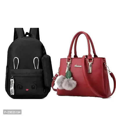 Stylish PU Solid Handbag With Bagpack For Women Pack Of 2-thumb0