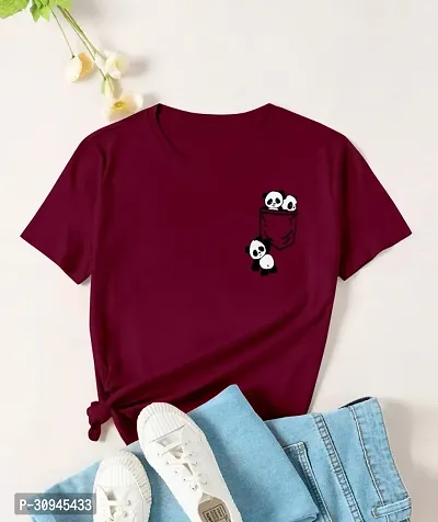 Elegant Maroon Cotton Blend Printed Tshirt For Women-thumb0