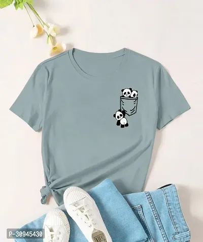 Elegant Grey Cotton Blend Printed Tshirt For Women