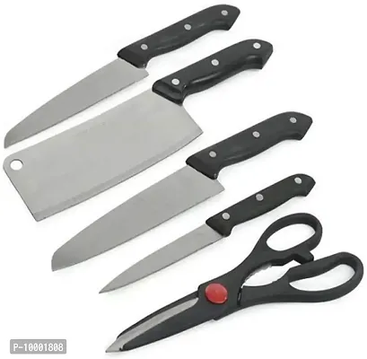 Stainless Steel Kitchen 5-Pcs Knife Set with Wooden Chopping Board and Scissor Vegetable and Meat Cutting (Set of 5 + 1 Chopper Board)