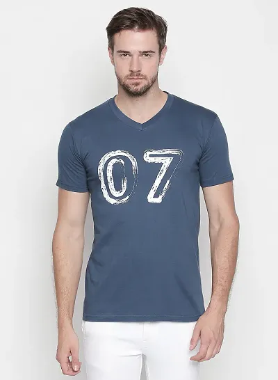 Blue Printed V-Neck Ultra Slim Fit Half Sleeve T-Shirt