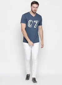 Blue Printed V-Neck Ultra Slim Fit Half Sleeve T-Shirt-thumb1