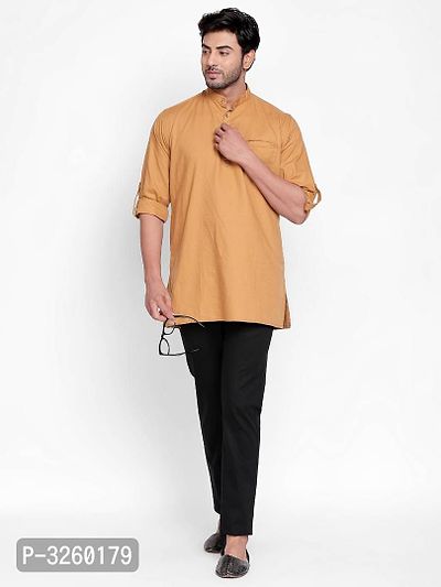 Men's Beige Cotton Solid Slim Short Length Kurta-thumb3