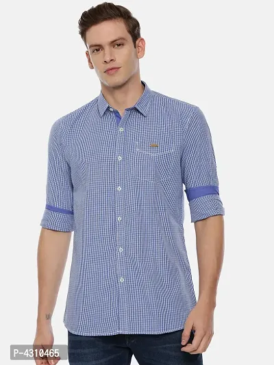 Stylish Cotton Blue Checked Long Sleeves Casual Shirt For Men-thumb0