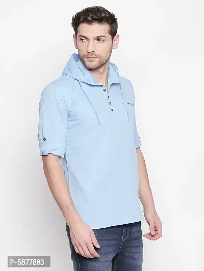 Men's Solid Casual Blue Hoodie Short Kurta-thumb2