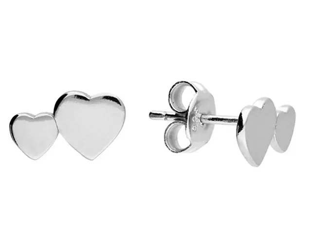 Double Heart Stud Earrings Small  Large  Solid .925 Sterling Silver Handmade