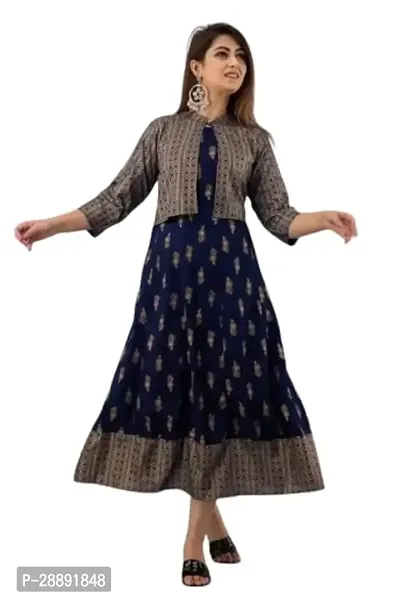 Stylish Navy Blue Cotton Blend Kurta With Jacket For Women