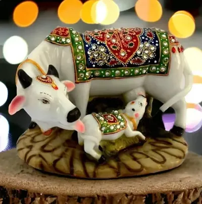Decorative Marble dust/Polyresin Cow and Calf Big Statue | Spiritual Vastu Nandi Pooja Figurine Sculpture | Designer Stone Studded Gau MATA Animal Puja Idol Decorative Showpiece Decorative Showpiece -
