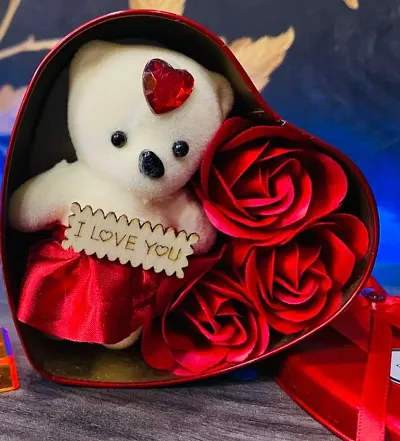 Teddy Heart Metal Box Valentines Day Gift -Teddy for Best Friend Girl, Heart Shape Gift Box with Teddy  Rose