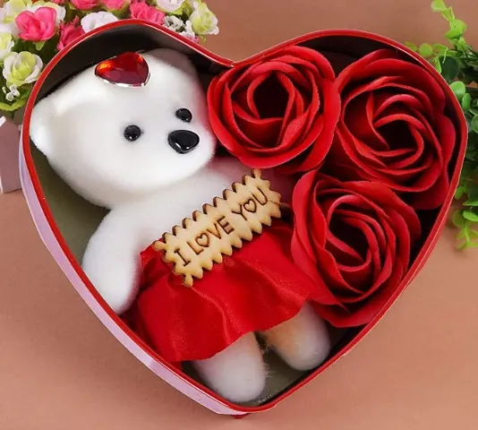 Teddy Bear Toys- Love Gift for Girls Heart Shape Love Card and Red Rose Scented Soap Flower Petals with Soft Teddy Bear  i Love You Card Inside Box. (RED)