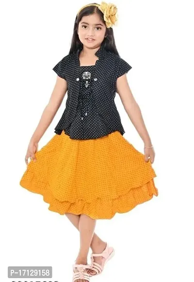 Fashionable Girls Yellow Color Knee Length Skirt  Short Sleeve Top Set.