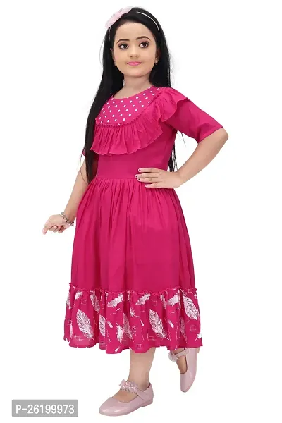 Fashionable and uniquely designed Polka and Feather Printed Pink Color frock for girls.-thumb3
