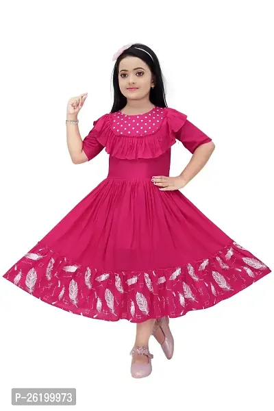 Fashionable and uniquely designed Polka and Feather Printed Pink Color frock for girls.-thumb5