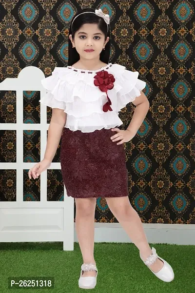 Girls Fancy Short Fashionable Sleeve Round Neck Layered Designed Maroon Color One Piece.