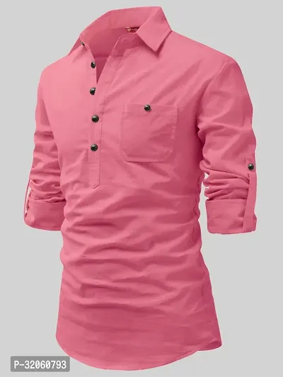 Reliable Pink Cotton Solid Short Length Kurta For Men-thumb0