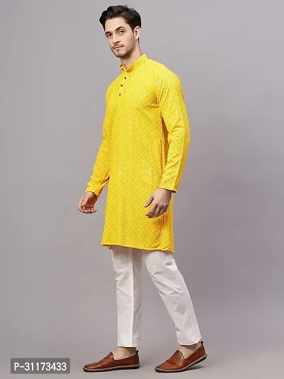 Reliable Yellow Rayon Embroidered Knee Length Kurta For Men-thumb3