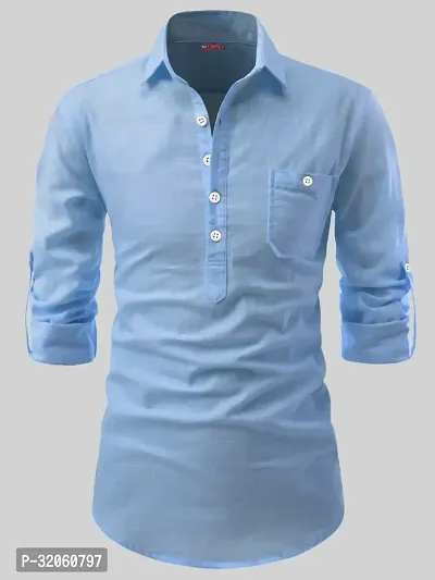 Reliable Blue Cotton Solid Short Length Kurta For Men-thumb0