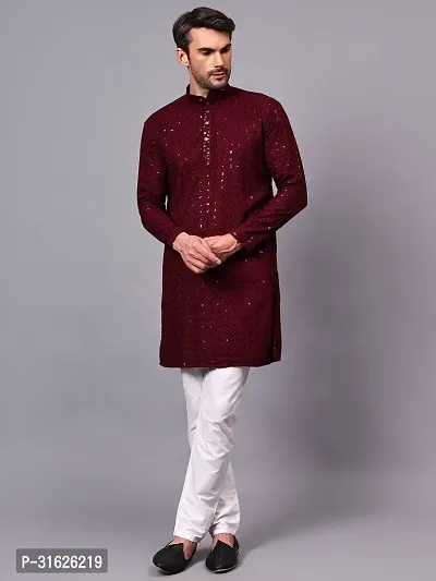 Reliable Maroon Rayon Embroidered Kurta And Bottom Sets For Men-thumb0