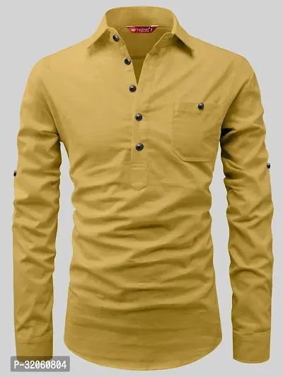 Reliable Yellow Cotton Solid Short Length Kurta For Men-thumb4