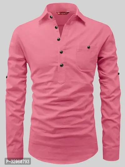 Reliable Pink Cotton Solid Short Length Kurta For Men-thumb3