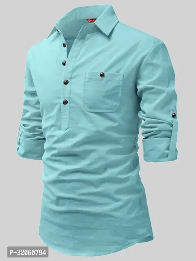 Reliable Turquoise Cotton Solid Short Length Kurta For Men-thumb0