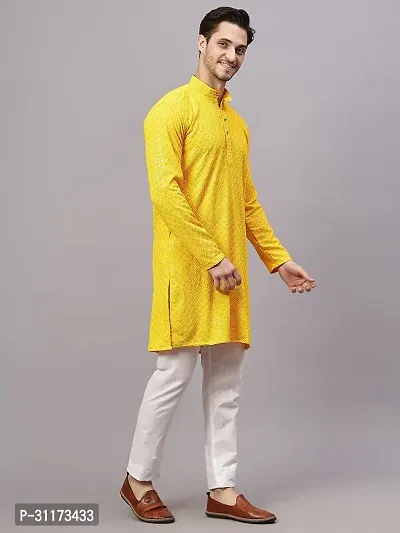 Reliable Yellow Rayon Embroidered Knee Length Kurta For Men-thumb4