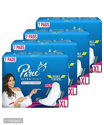 Paree Ultra Thinz Soft  Rash Free Sanitary Pads for Women (Trifold) | XL- 28 Pads (Combo of 4)|Double Feathers | Disposable Covers|Wide Coverage|Quick Absorption-thumb0