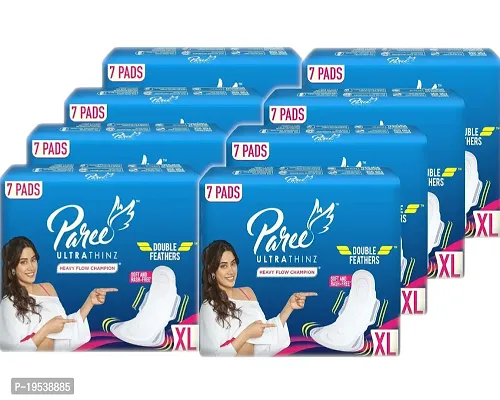 Paree Ultra Thinz Soft  Rash Free Sanitary Pads for Women (Trifold) | XL- 56 Pads (Combo of 8)|Double Feathers | Disposable Covers|Wide Coverage|Quick Absorption