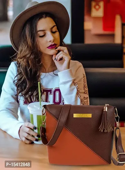 DYMEK Contrast Sling Bag For Women (Brown)-thumb3