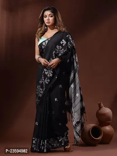 BARNALI SAREE HOUSE Women's Handloom Soft  Comfortable Breathable Saree With Unstitched Blouse (Black)-thumb2