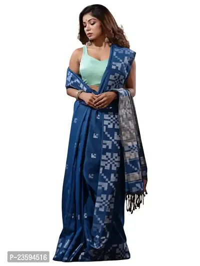 BARNALI SAREE HOUSE Women's Handloom Soft Breathable  Comfortable Saree With Unstitched Blouse (Blue)-thumb0