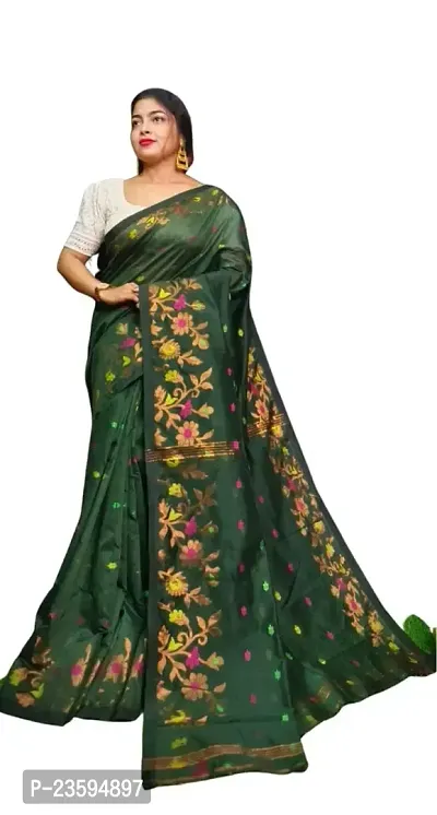 BARNALI SAREE HOUSE Women's Handloom Soft  Comfortable Saree With Unstitched Blouse (Bottle Green)