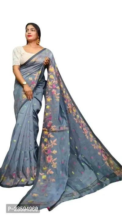 BARNALI SAREE HOUSE Women's Handloom Soft Comfortable  Breathable Saree With Unstitched Blouse (Grey)