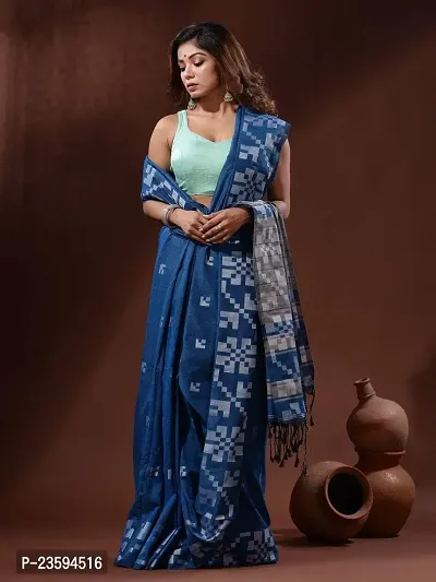 BARNALI SAREE HOUSE Women's Handloom Soft Breathable  Comfortable Saree With Unstitched Blouse (Blue)-thumb3